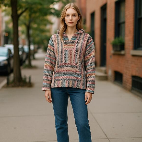 None and/or Unknown Tops - Tan and Pink Striped Sweatshirt Baja Style Mexican Poncho Hoodie Drug Rug‎